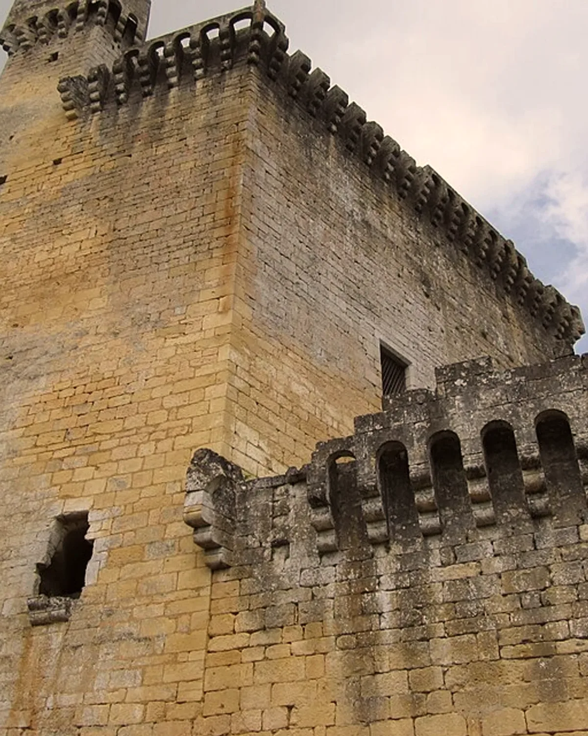 Le donjon de Commarque et ses créneaux de pierre, vus du pied des murs.