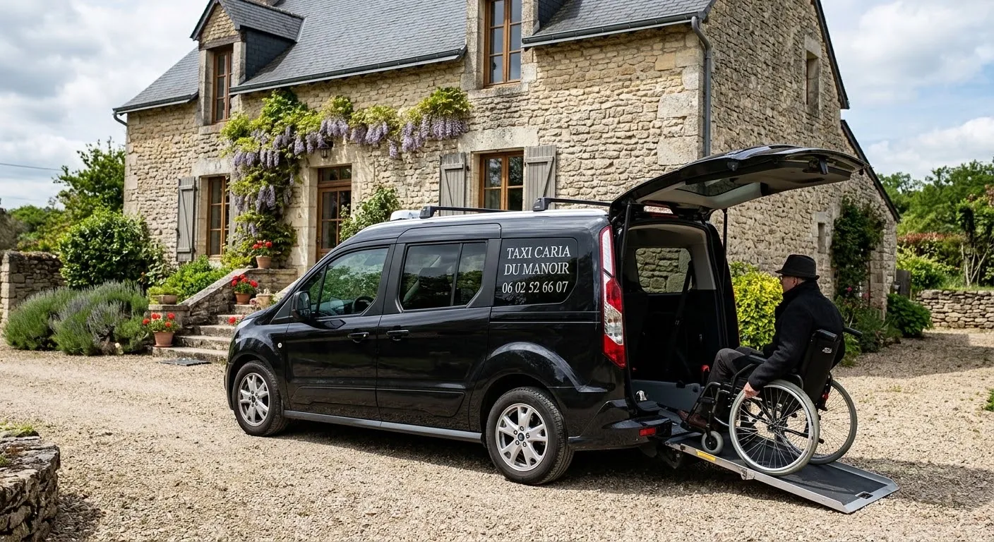 Le véhicule adapté de Pascale, hayon ouvert et rampe dépliée, un passager en fauteuil roulant monte à bord